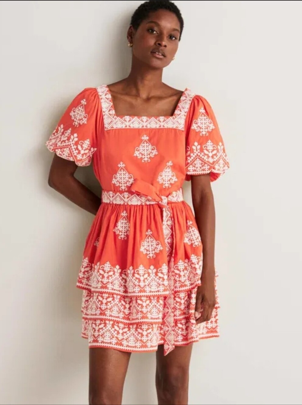 Boden Square Neck Red /White Embroidered Rara Dress Sz. 8 NWT